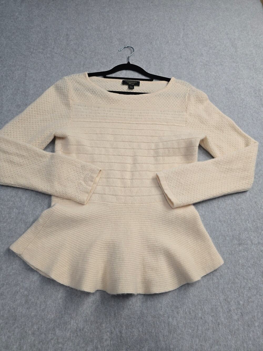 Women's 100% Cashmere Peplum Sweater Ivory Sz L Fit S Minimalist Luxury Preppy